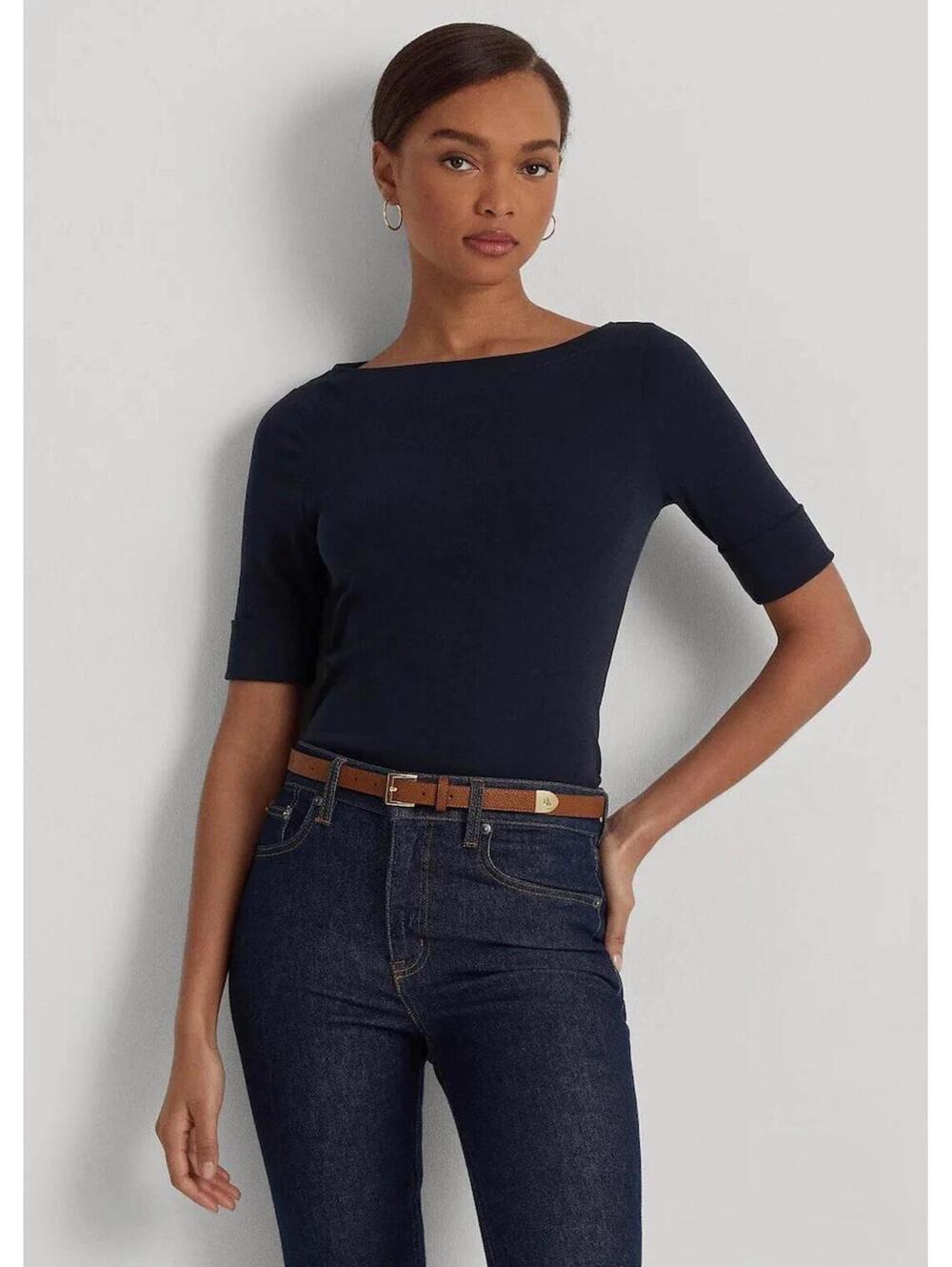 LAUREN RALPH LAUREN JUDY-ELBOW CUFFED SLEEVE-KNIT TOP IN NAVY-LARGE